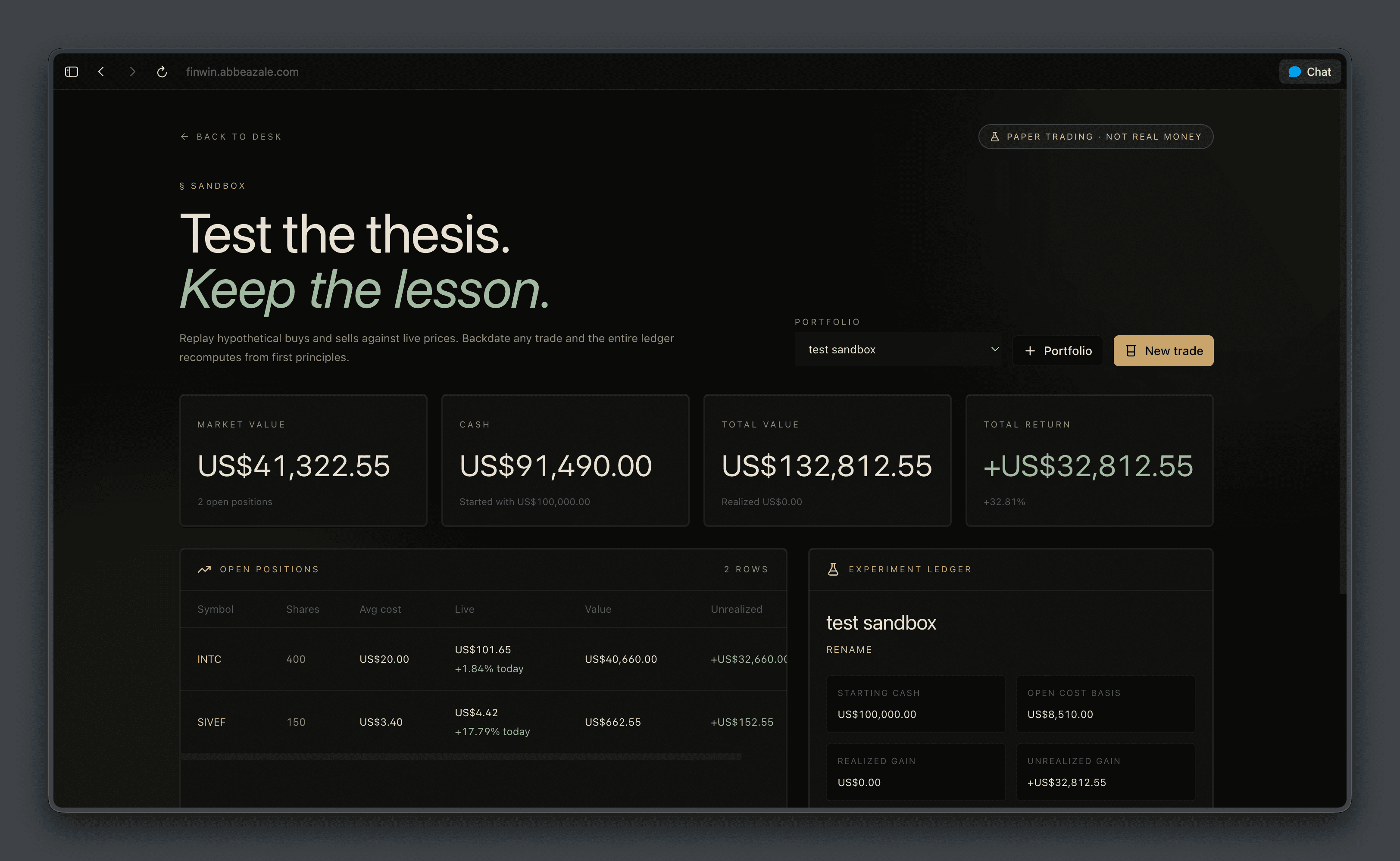 FinWin paper-trading sandbox