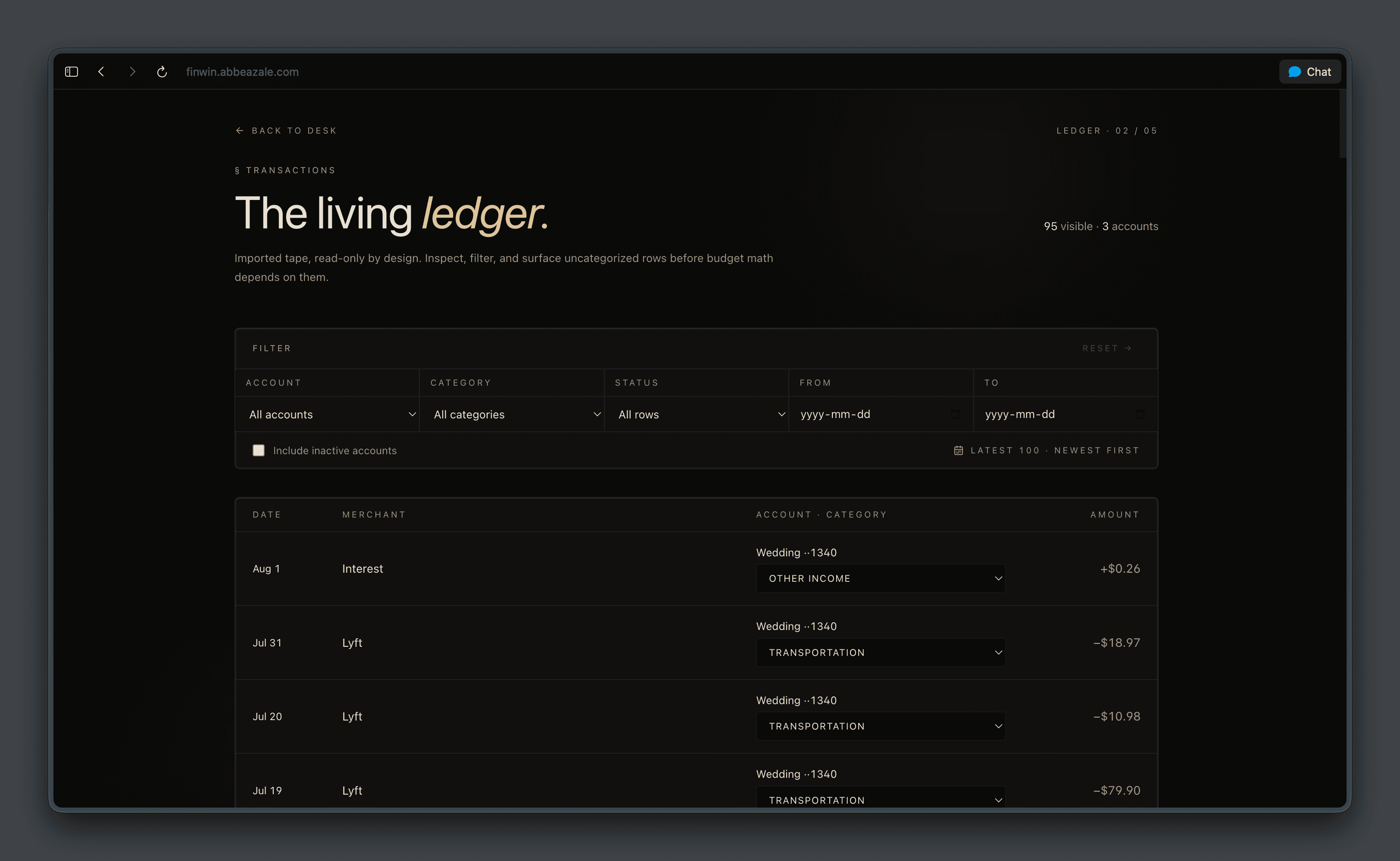 FinWin transaction ledger